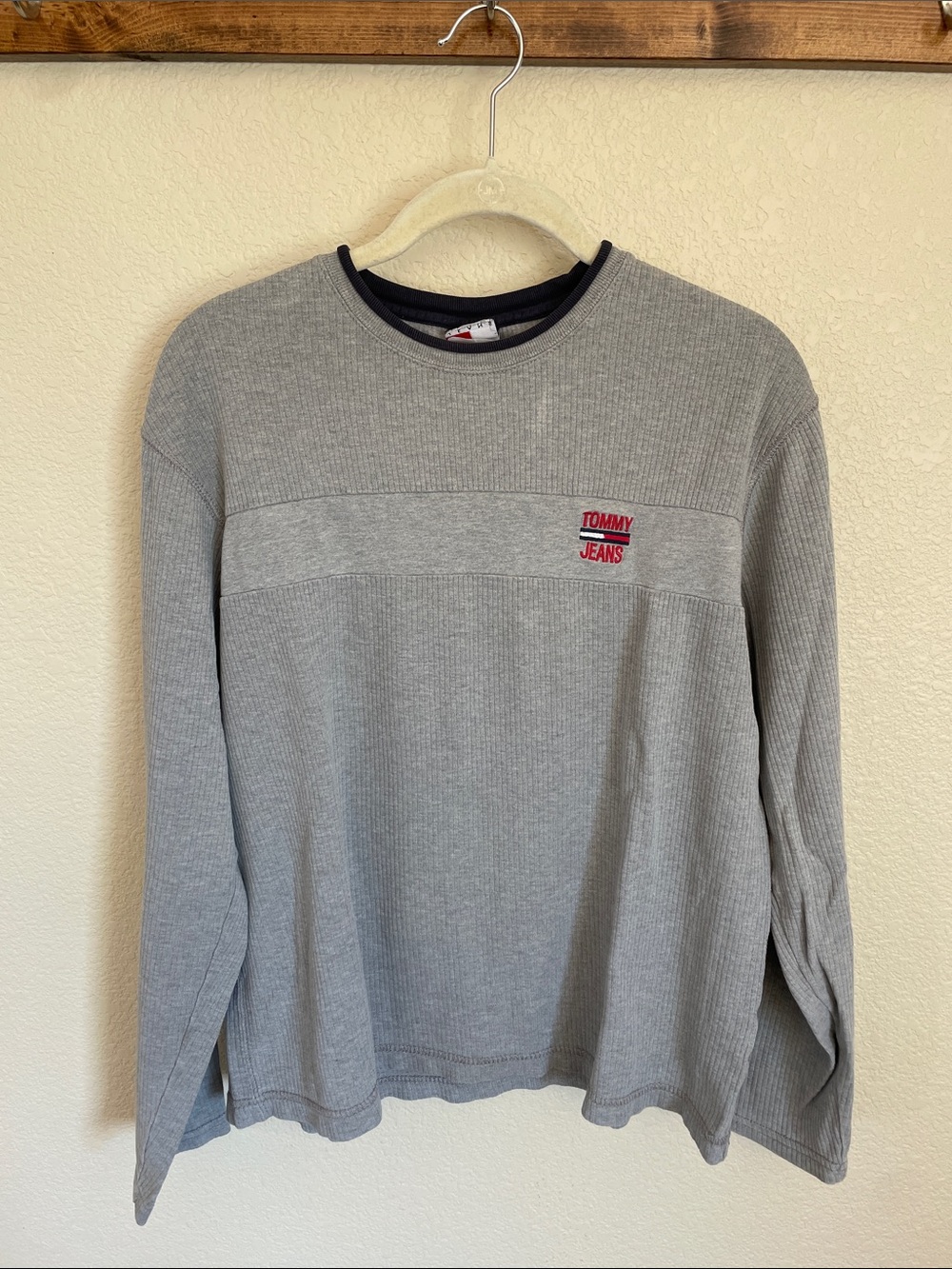VTG Tommy Hilfiger Tommy Jeans Light Gray Ribbed Crewneck Pullover Preppy Casual